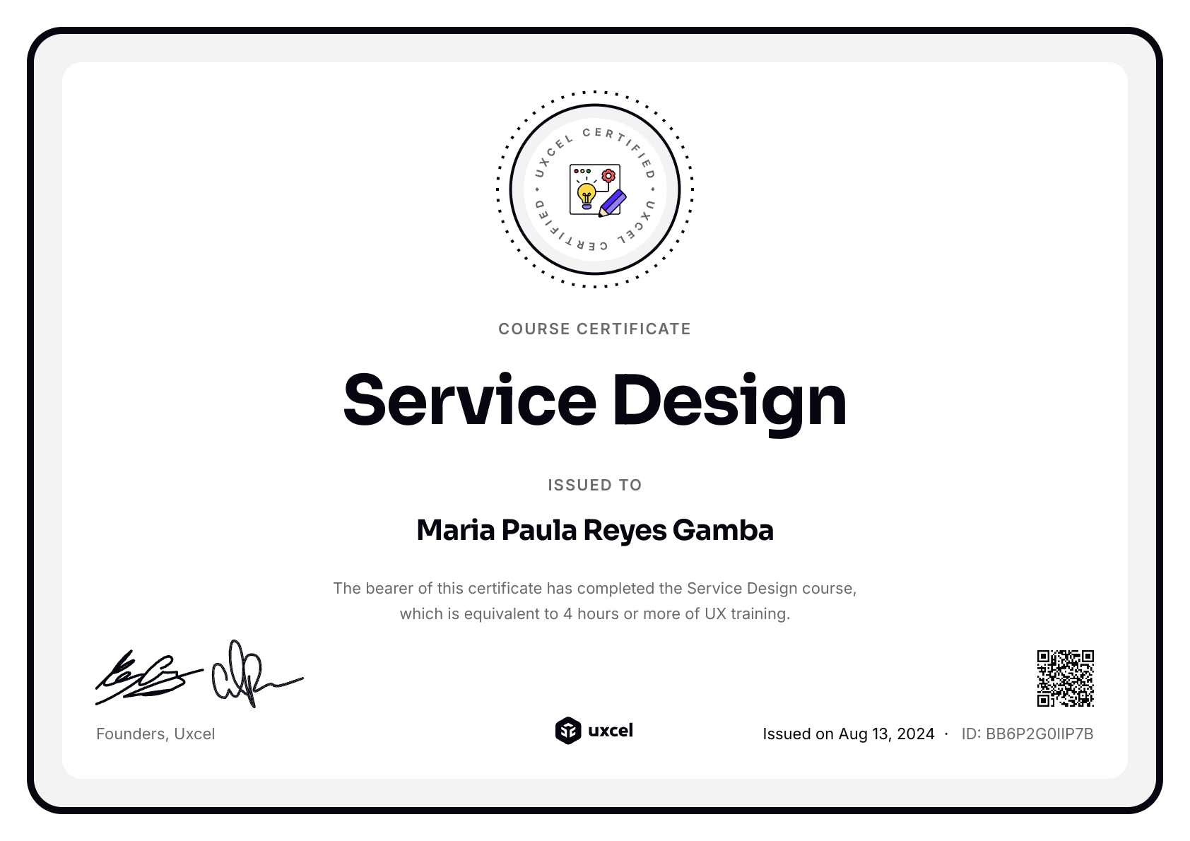 Maria Paula Reyes Gamba's certificate
